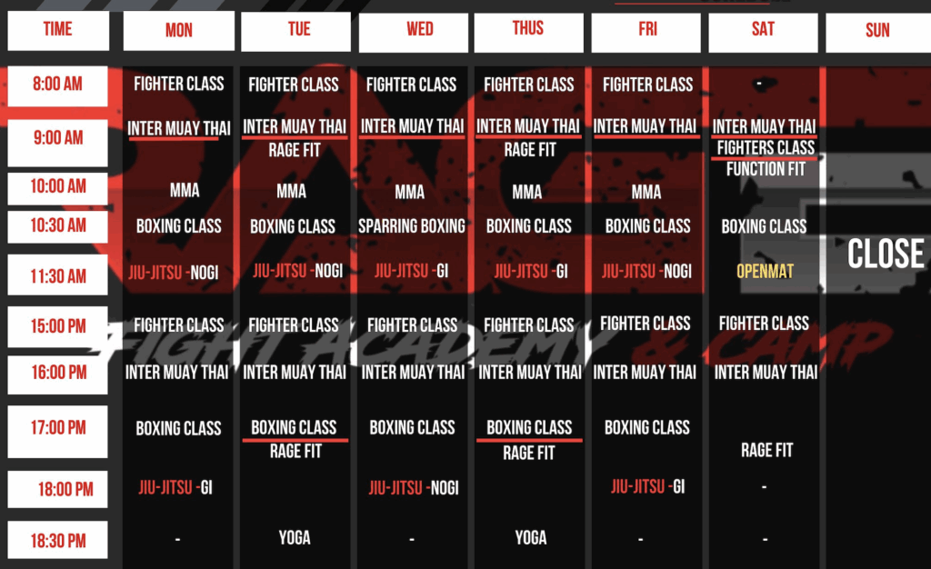 rage fight academy schedule